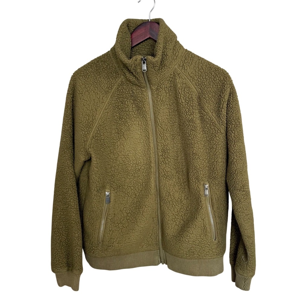 Athleta Sherpa Fleece Jacket Olive Green Full Zip Mock Neck Moss Small S